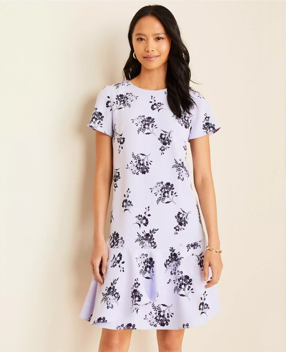 Ann Taylor Purple Lavender Floral Drop Waist Ruffle Hem Mini Shift Dress SIZE 8